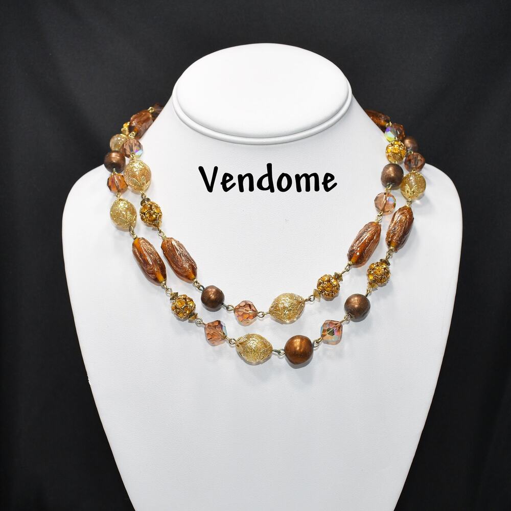 Vendome 1950s Two-Strand Topaz & Bronze Art Glass Necklace